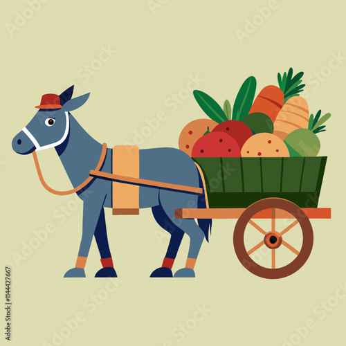 A hardworking mule pulling a small wooden cart filled with fresh vegetables ,whit background