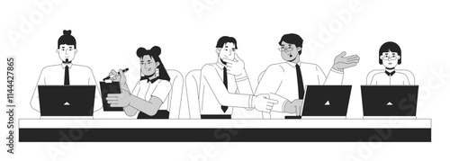 Row of diverse employees brainstorming together at desk black and white 2D line characters. Office workers laptops. Team coworkers isolated vector outline people. Monochromatic spot illustration