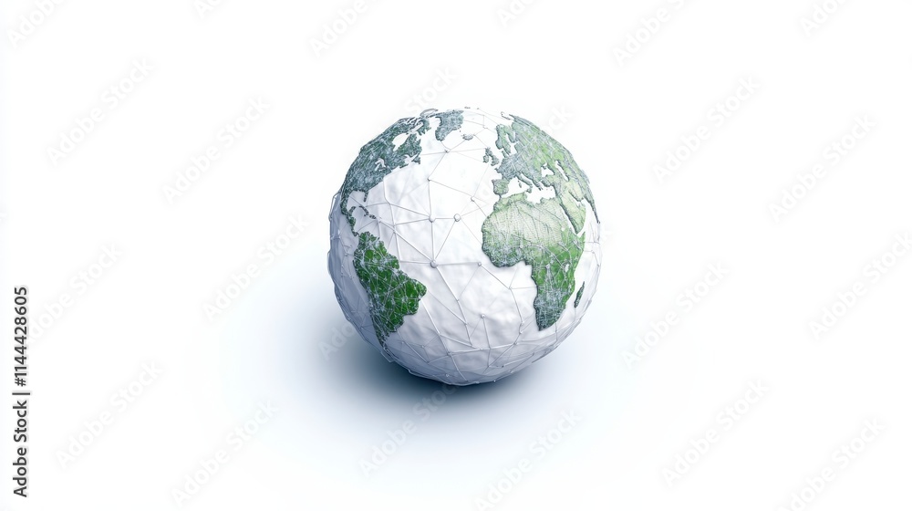Obraz premium A 3D globe representing Earth, featuring green continents and a textured surface, set against a white background.