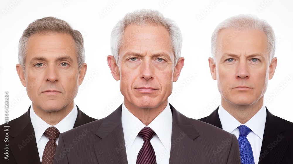 Three professional men in suits, displaying serious expressions, are positioned closely together against a neutral background. Three professional men in suits, displaying serious expressions, are positioned closely together against a neutral background.