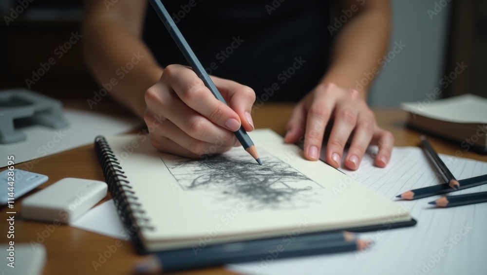 A young woman's hands carefully sketch intricate lines in a sketchbook, a pencil creating a detailed drawing. The soft light highlights the concentration in her focused expression. A young woman's hands carefully sketch intricate lines in a sketchbook, a pencil creating a detailed drawing. The soft light highlights the concentration in her focused expression.