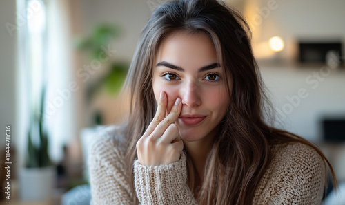 happy 35 year old female influencer pinching her nose like if something smells with her hand and talking to the camera. she is at home