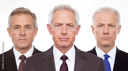 Three professional men in suits, displaying serious expressions, are positioned closely together against a neutral background.