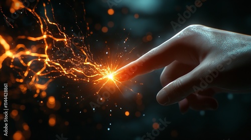 Human finger touching a spark of electrical energy