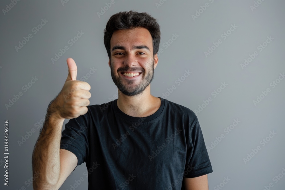Young man in black shirt giving thumbs up for success. Young man in black shirt giving thumbs up for success.