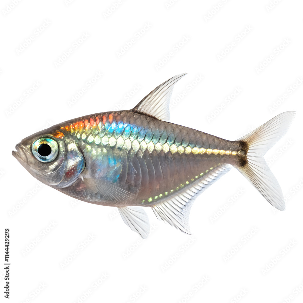 Fototapeta premium A tiny hatchetfish with metallic silver scales and glowing sides. Isolated on a transparent background