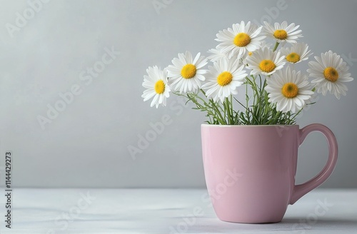 Fresh white daisies in a pink cup bring a touch of spring charm to a serene i...