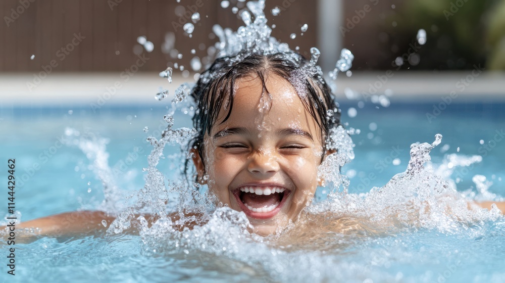 A joyful girl splashes with laughter in a sparkling sunlit pool, radiating happiness and the carefree spirit of childhood on a summer day. A joyful girl splashes with laughter in a sparkling sunlit pool, radiating happiness and the carefree spirit of childhood on a summer day.
