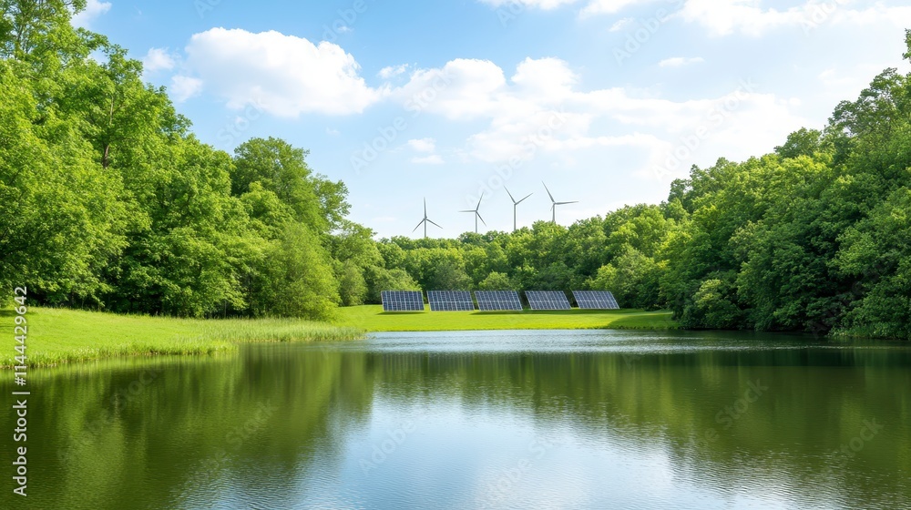 A serene landscape featuring a calm pond surrounded by lush greenery and distant wind turbines under a bright blue sky. A serene landscape featuring a calm pond surrounded by lush greenery and distant wind turbines under a bright blue sky.