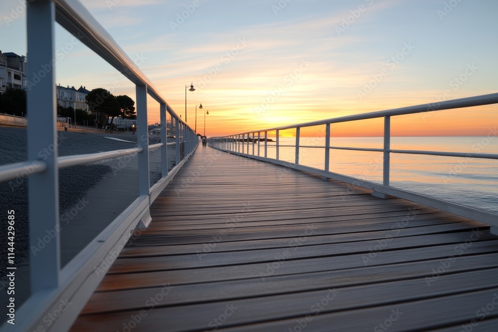 Sunset view along a wooden pier with serene ocean reflections and distant silhouettes of buildings Sunset view along a wooden pier with serene ocean reflections and distant silhouettes of buildings