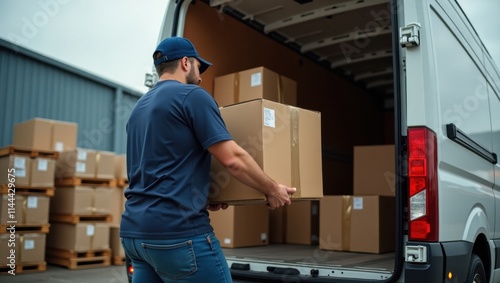 A delivery driver carefully carries a cardboard box from a van.  He is focused on his task, surrounded by many more parcels.