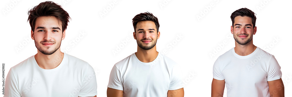 Set of a, A professional photograph of an attractive young man with dark hair and a light beard, wearing a white t-shirt and standing against a pastel, isolated on a transparent background. Set of a, A professional photograph of an attractive young man with dark hair and a light beard, wearing a white t-shirt and standing against a pastel, isolated on a transparent background.