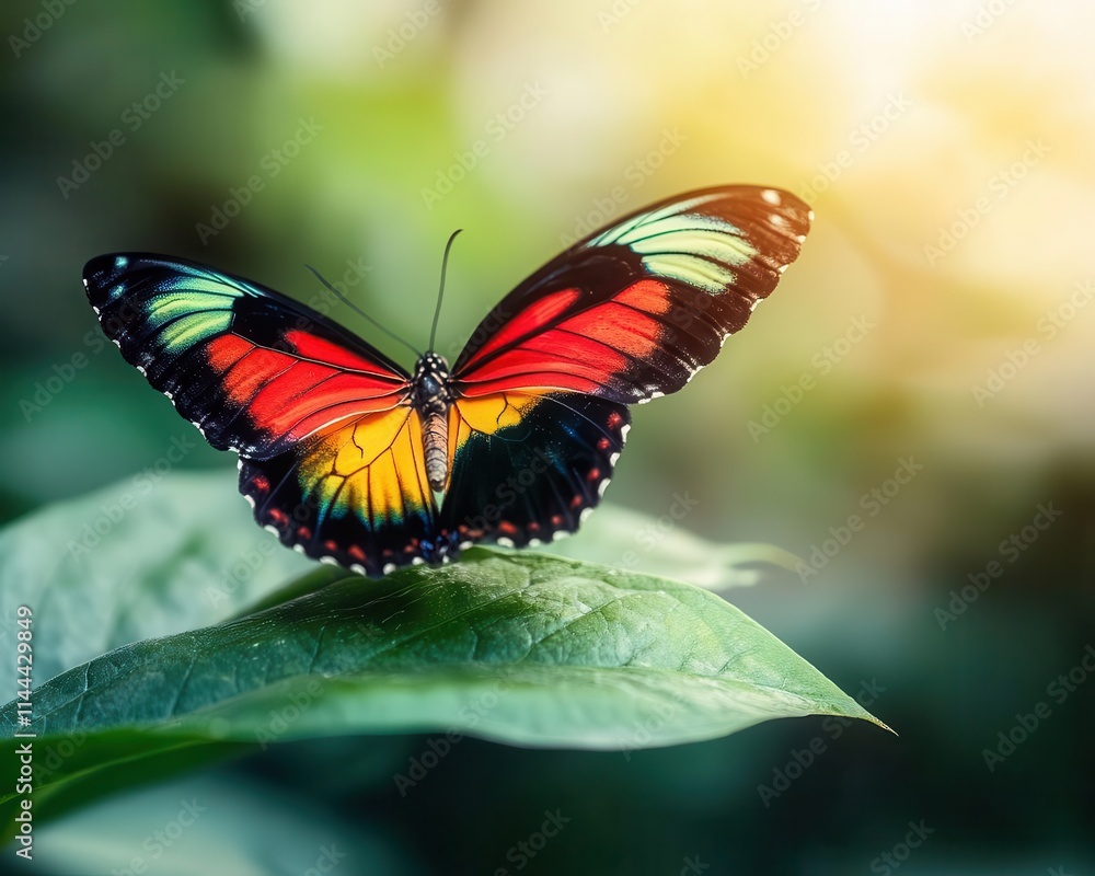 Fototapeta premium Butterfly on a leaf with vibrant wings, soft lighting, serene garden setup