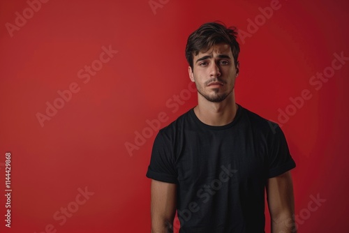 Young man in black shirt looks distressed sad and afraid.