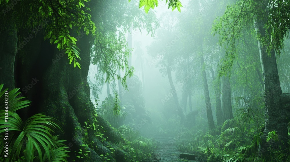 Obraz premium Lush Green Jungle with Mist and Dense Foliage in Serene Forest Landscape