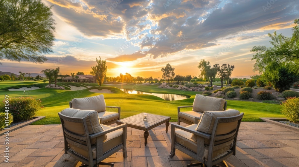 Fototapeta premium Chairs on patio overlooking golf course at sunset with swimming pool in background. Comfortable resort vacation spot.