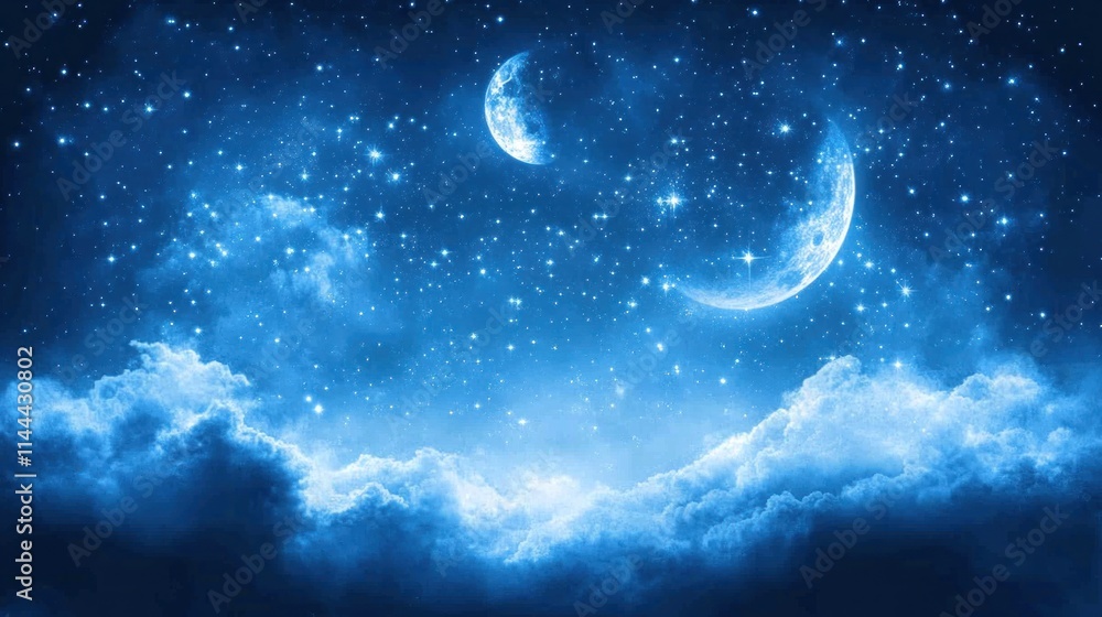 Fototapeta premium Night sky with two moons, stars, and clouds.