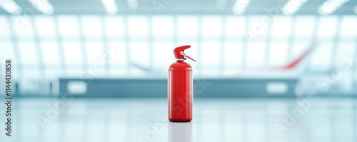 A red fire extinguisher stands prominently in an airport terminal, emphasizing safety in a modern travel environment.