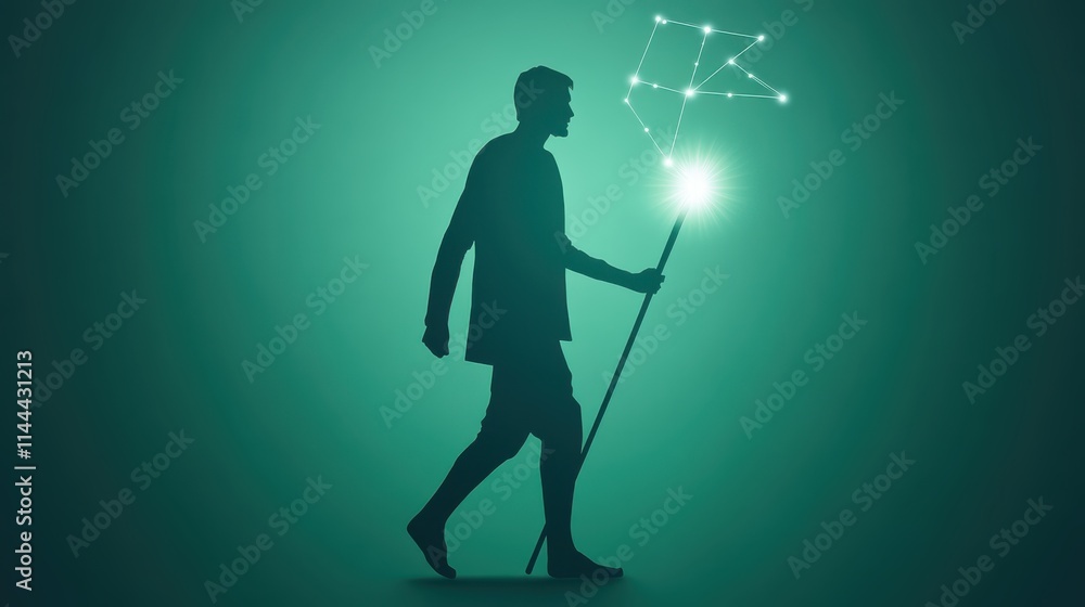 Naklejka premium Silhouette of a Person Walking with a Magical Staff in Green Light