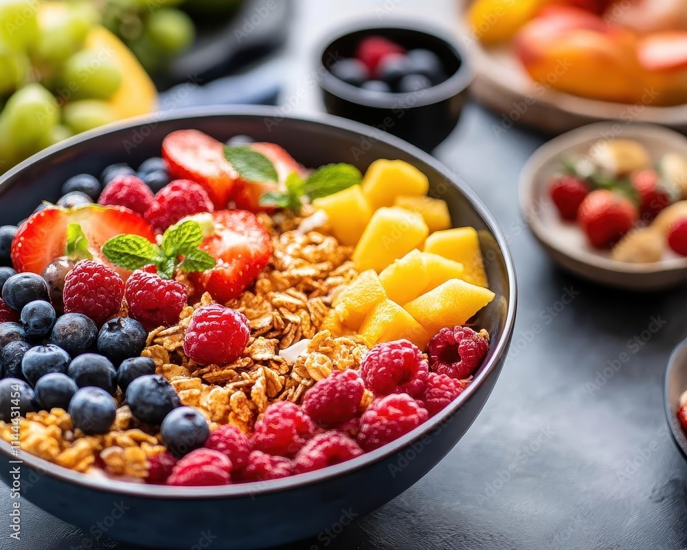 Cereal bowl with vibrant fruits, soft lighting, cozy breakfast setup Cereal bowl with vibrant fruits, soft lighting, cozy breakfast setup