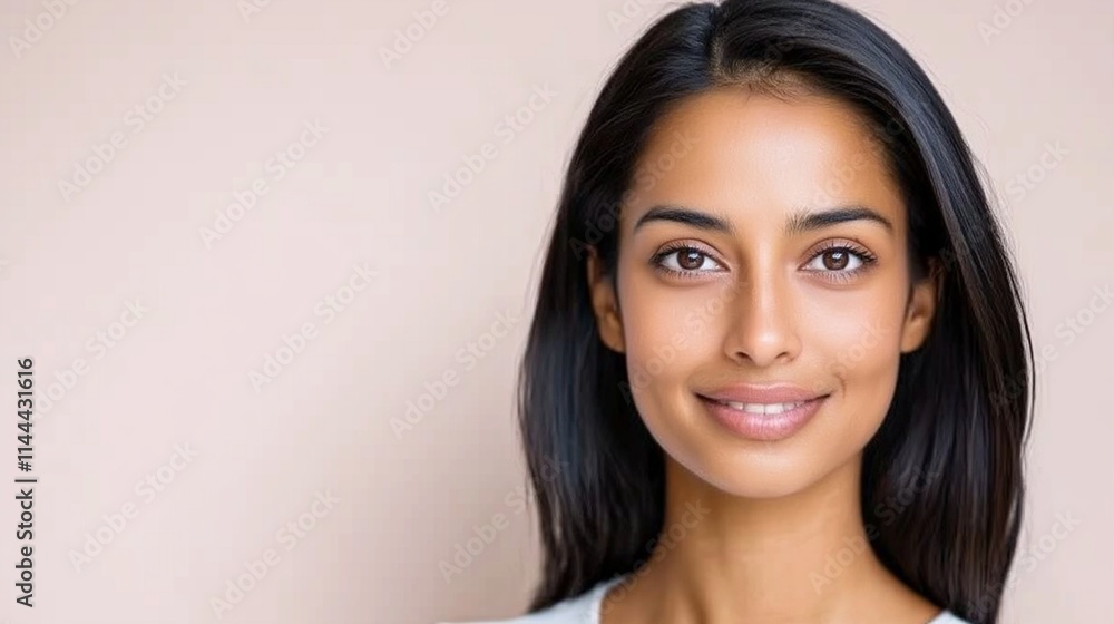 A 35-year-old Indian woman with straight hair and a gentle smile