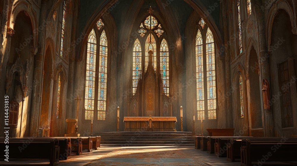 Fototapeta premium Sunlit Gothic Church Interior Altar And Pews