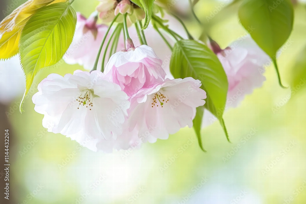 Obraz premium Delicate pink and white cherry blossoms with green leaves in soft sunlight