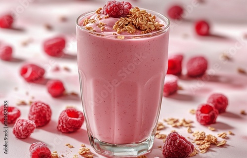 Refreshing raspberry smoothie topped with granola in a vibrant setting with p...