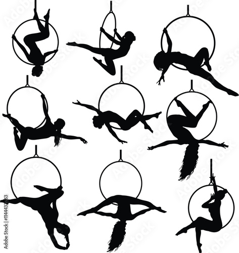 Aerial female gymnast silhouette in hoop. Aerial gymnastics stunt. Vector illustration isolated on white background
