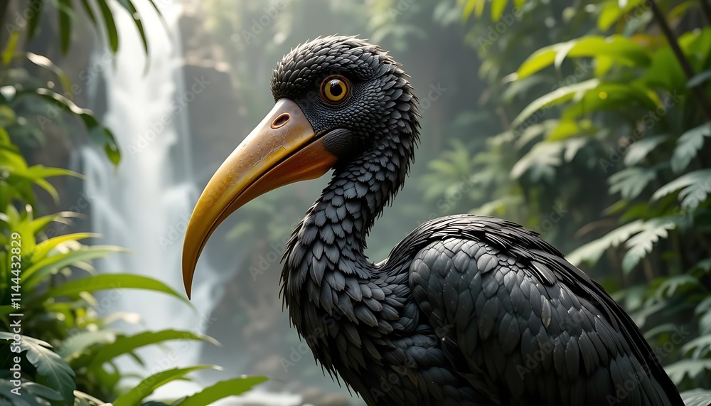 Obraz premium Black Bird Portrait: Lush Rainforest Waterfall Backdrop