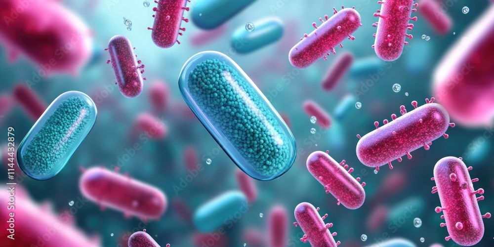 3D illustration of various sized viruses and bacteria in blue and pink hues, representing a diverse microbiome. 3D illustration of various sized viruses and bacteria in blue and pink hues, representing a diverse microbiome.