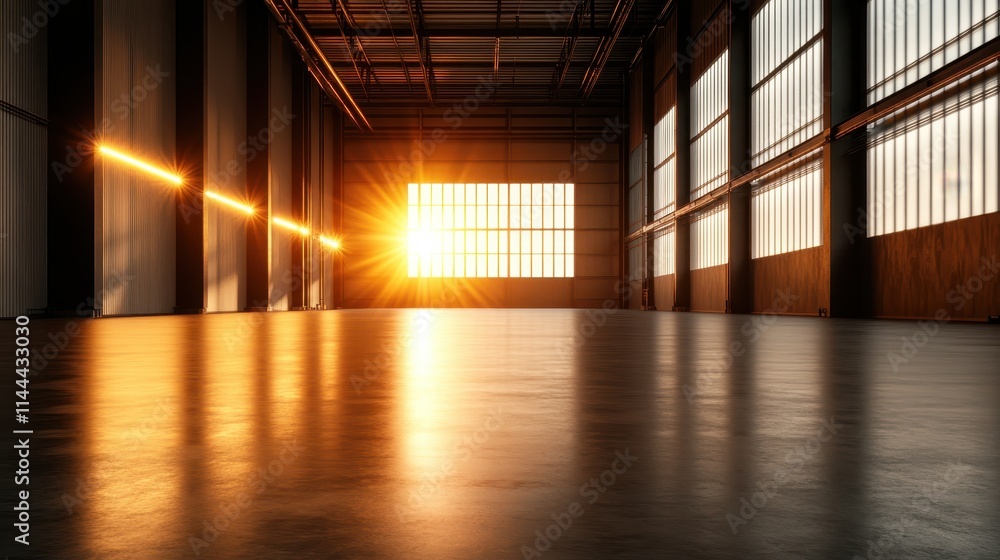 A large empty industrial warehouse interior is illuminated by the warm glow of sunlight streaming through the large windows, creating a serene and spacious atmosphere. A large empty industrial warehouse interior is illuminated by the warm glow of sunlight streaming through the large windows, creating a serene and spacious atmosphere.