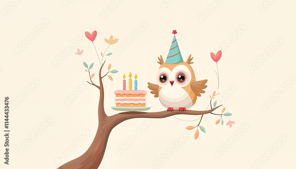 Fototapeta premium Adorable Owlet Celebrating Birthday with a Cake, Festive Atmosphere