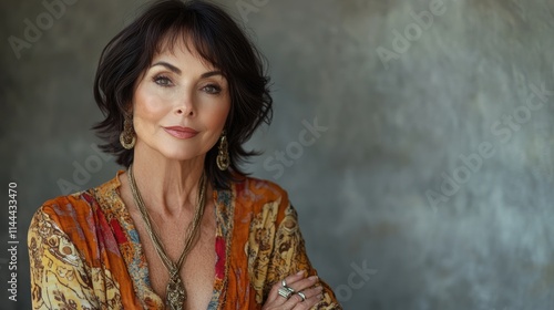 Studio portrait of a beautiful mature woman with arms crossed, exuding confidence and style