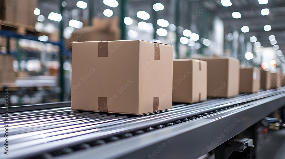 Delivery packages moving along a conveyor belt in a warehouse setting. Generative AI. Delivery packages moving along a conveyor belt in a warehouse setting. Generative AI.
