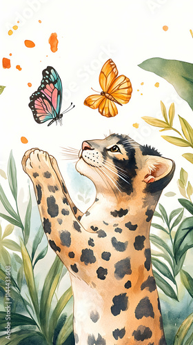 Cute Ocelot Kitten Watching Butterflies in Lush Jungle, Watercolor Illustration, Childrens Book. photo