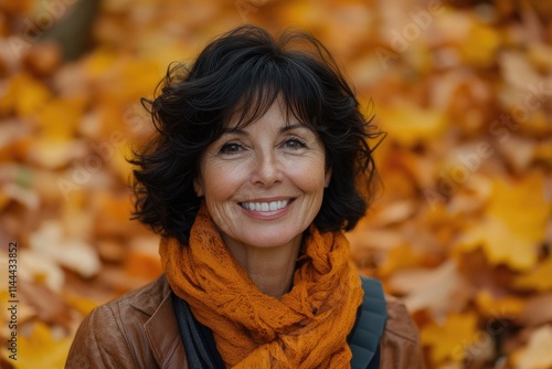 Beautiful smiling woman enjoying autumn colors in nature