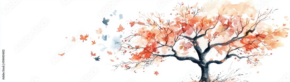 Fototapeta premium A beautiful watercolor painting of an autumn tree shedding its colorful leaves, symbolizing change and the beauty of nature.
