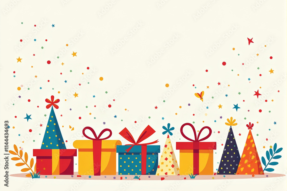 Obraz premium A joyful birthday illustration with colorful confetti, bright gift boxes, and festive decorations creating a cheerful and celebratory theme..