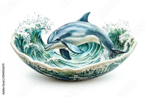 A beautifully crafted ceramic bowl featuring a dolphin leaping through stylized waves, showcasing exquisite detail and artistry. photo