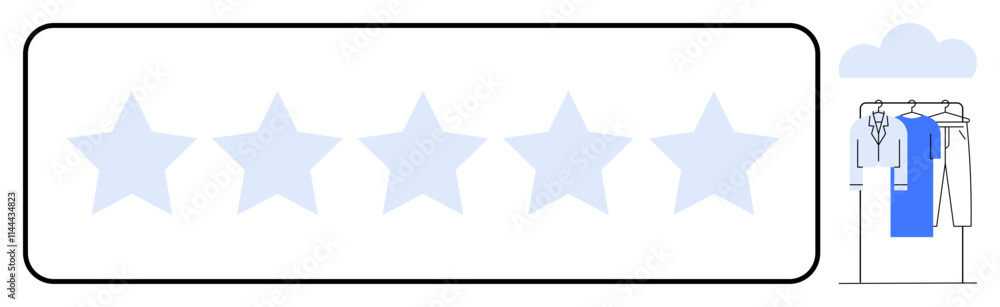 Five empty stars indicating ratings. Clothes hanging on a rack under a cloud. Ideal for feedback systems, customer reviews, online shopping, e-commerce ratings, service evaluation, user experience Five empty stars indicating ratings. Clothes hanging on a rack under a cloud. Ideal for feedback systems, customer reviews, online shopping, e-commerce ratings, service evaluation, user experience