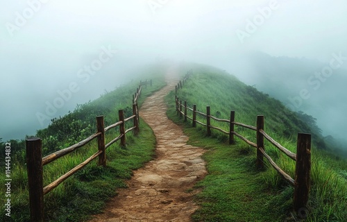 Scenic pathway winding through lush green hills under a misty sky at dawn wit...