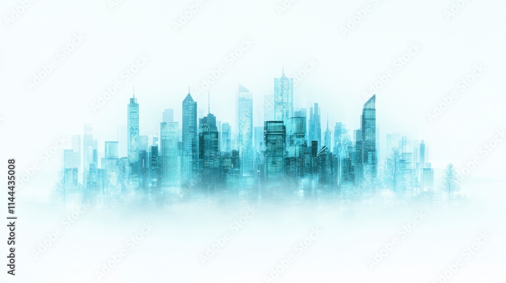 Naklejka premium Futuristic City Skyline Modern Urban Landscape High Rise Buildings Architectural Desig