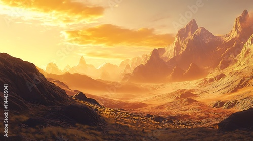 A vibrant sunset casting a golden hue over rugged alpine mountain peaks with a clear sky 