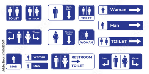 Collection of blue public restroom signs indicating gender-specific facilities with modern iconography