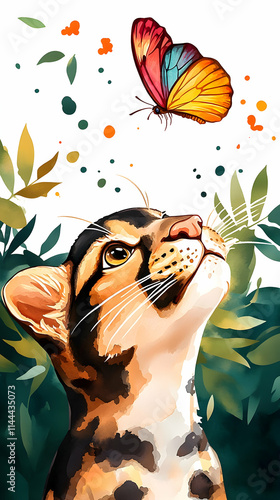 Ocelot gazing at butterfly amidst lush foliage, nature illustration, perfect for book covers. photo