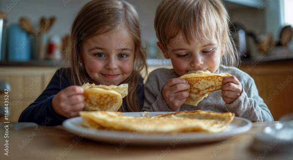 deux enfants qui mangent des crêpes assis autour d'une table
deux enfants qui mangent des crêpes assis autour d'une table