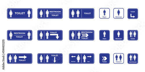 Collection of blue public restroom signs indicating gender-specific facilities with modern iconography