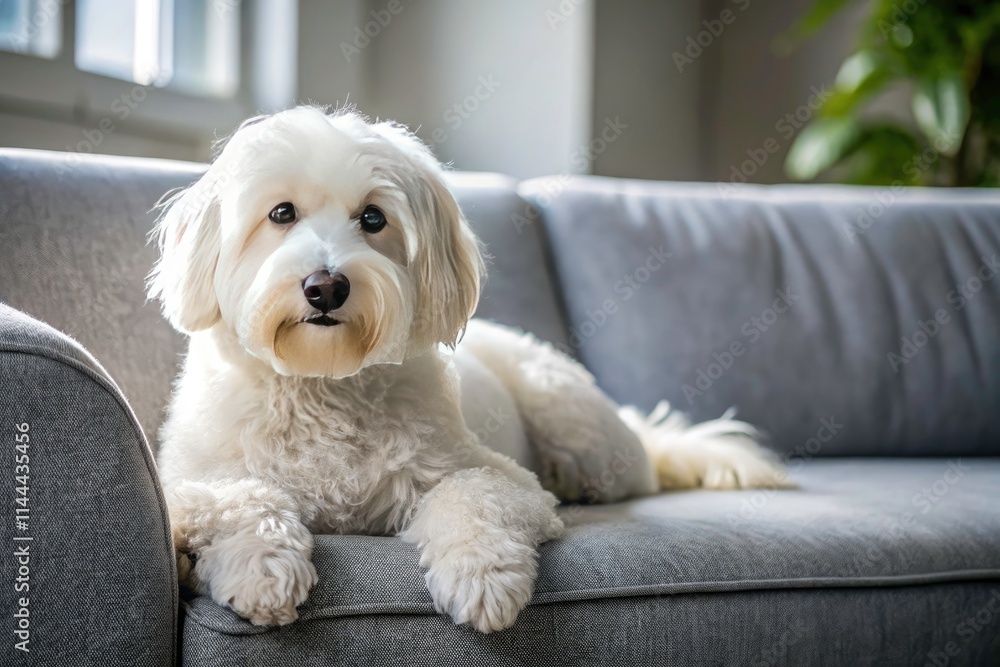 White Dog Sleeping on Gray Sofa, Cute Puppy Resting, Cozy Pet Photo, Dog on Furniture White Dog Sleeping on Gray Sofa, Cute Puppy Resting, Cozy Pet Photo, Dog on Furniture
