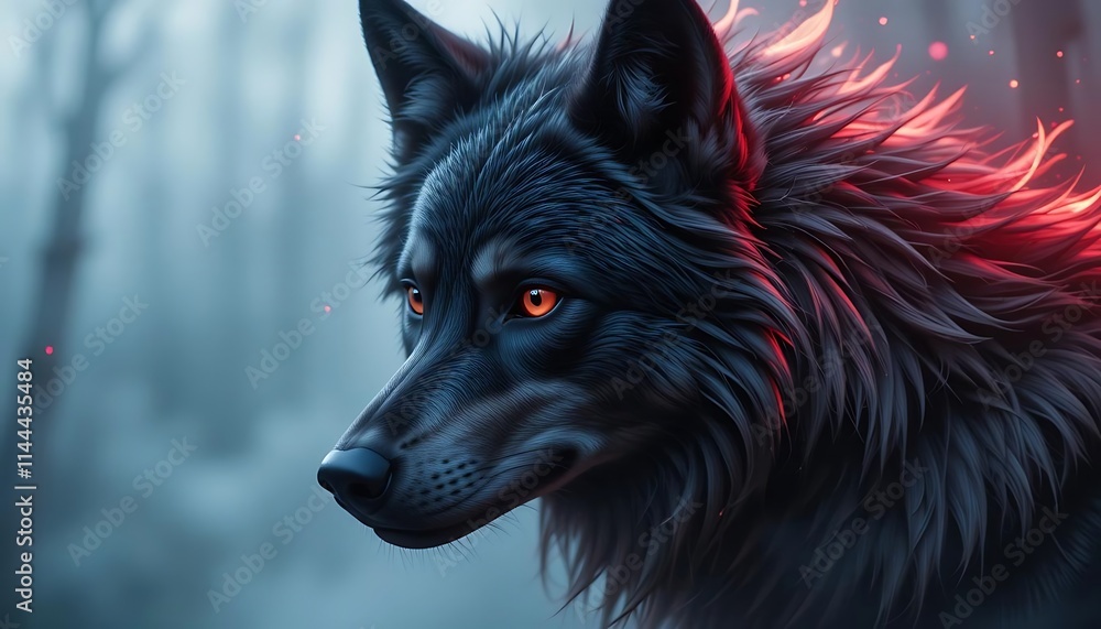 Fiery Wolf Portrait: Dark Fur, Glowing Mane, Mystical Art Fiery Wolf Portrait: Dark Fur, Glowing Mane, Mystical Art